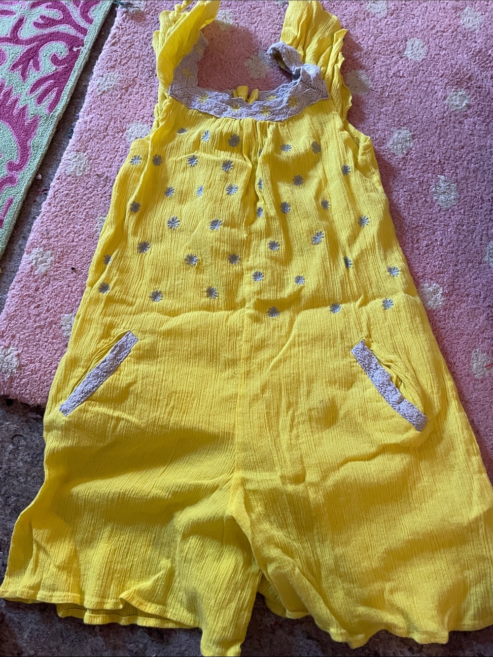 I Love Gorgeous Yellow Romper with Lilac Floral Trim